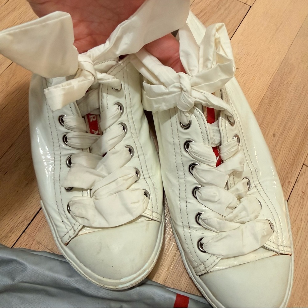 Authentic Prada Patent Leather White Women’s Sneakers with Dust Bag Size 38.5 - Picture 6 of 9